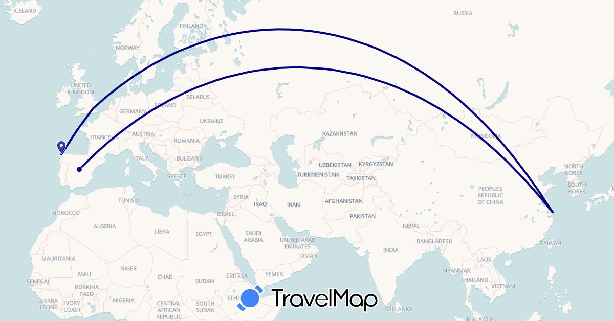 TravelMap itinerary: driving in China, Spain, United Kingdom (Asia, Europe)
